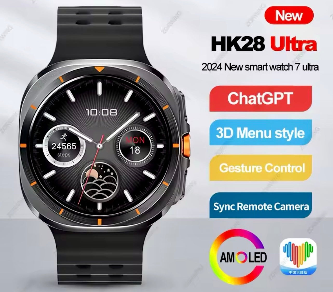 Wearfit HK28 Ultra Smartwatch - 1.43" AMOLED Display, AI-Powered, Health Monitoring, ChatGPT, Bluetooth Call, Wireless Charging (Dual Strap)
