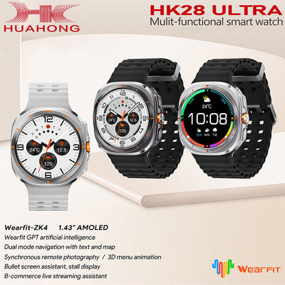 Wearfit HK28 Ultra Smartwatch - 1.43" AMOLED Display, AI-Powered, Health Monitoring, ChatGPT, Bluetooth Call, Wireless Charging (Dual Strap)