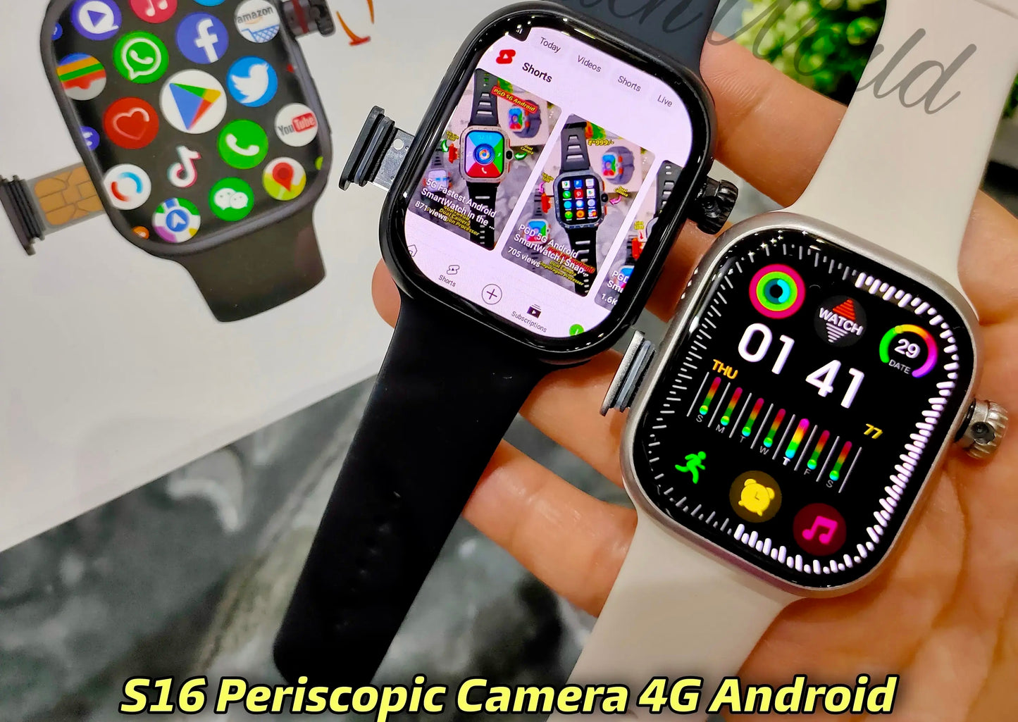 S16 Android 4G Smartwatch Super Curved AMOLED Display With 90Hz Refresh Rate, 180 Degree Telescopic Rotating 12 Mp Camera In 49 MM Ultra Look Dial