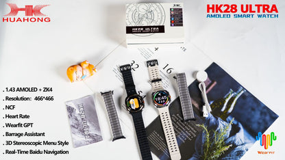Wearfit HK28 Ultra Smartwatch - 1.43" AMOLED Display, AI-Powered, Health Monitoring, ChatGPT, Bluetooth Call, Wireless Charging (Dual Strap)