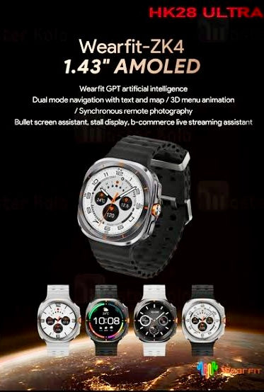 Wearfit HK28 Ultra Smartwatch - 1.43" AMOLED Display, AI-Powered, Health Monitoring, ChatGPT, Bluetooth Call, Wireless Charging (Dual Strap)