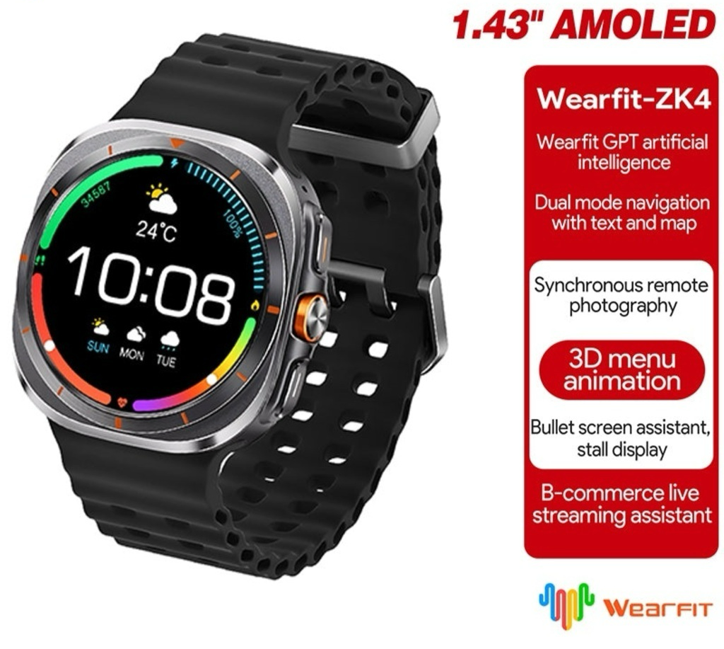 Wearfit HK28 Ultra Smartwatch - 1.43" AMOLED Display, AI-Powered, Health Monitoring, ChatGPT, Bluetooth Call, Wireless Charging (Dual Strap)