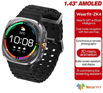 Wearfit HK28 Ultra Smartwatch - 1.43" AMOLED Display, AI-Powered, Health Monitoring, ChatGPT, Bluetooth Call, Wireless Charging (Dual Strap)