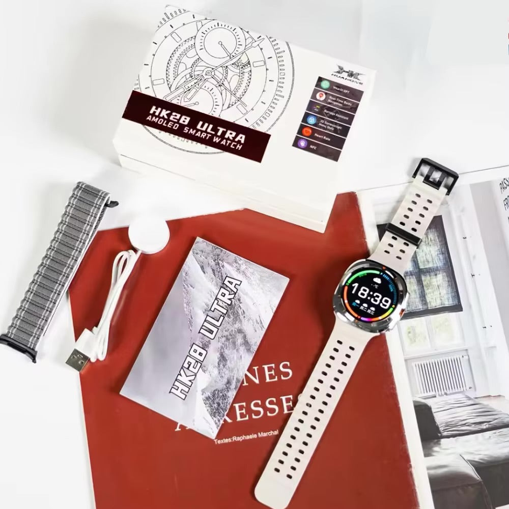 Wearfit HK28 Ultra Smartwatch - 1.43" AMOLED Display, AI-Powered, Health Monitoring, ChatGPT, Bluetooth Call, Wireless Charging (Dual Strap)